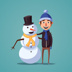 Boy making cute snowman. Cartoon vector illustration