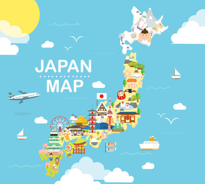 Japan travel map in flat illustration.