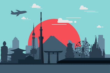 Silhouette illustration of Tokyo city in Japan.Japan landmarks F