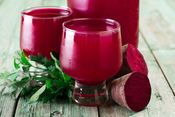 Beetroot juice in a large glass, fresh beets , Healthy food