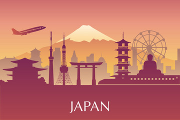 Silhouetillustratie van de stad van Tokyo in de oriëntatiepunten van Japan.Japan F