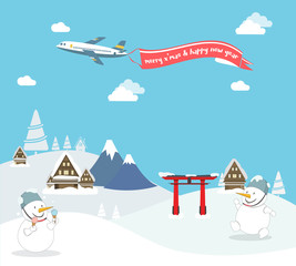 Fototapeta na wymiar Snowman enjoy christmas travel in asia.
