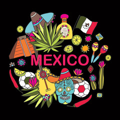 Doodles hand drawn science illustration of Mexico. Vector illust