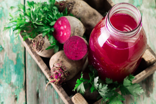 Beetroot juice in a large glass, fresh beets , Healthy food