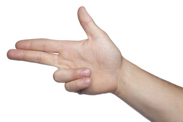 weapons symbol made from hands on a white background, copy space