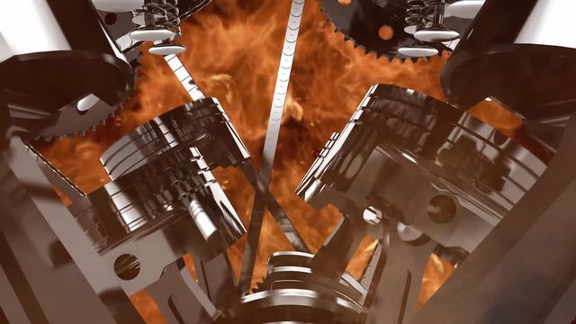 3D animation of a working V8 engine with explosions.
