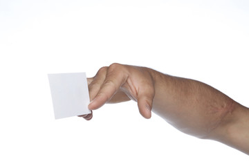 Male hand showing white blank sheet of copy space and text