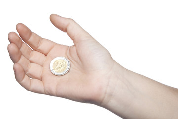 two euros on a hand, white background