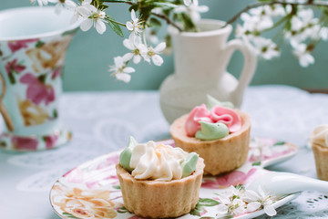 Obraz na płótnie Canvas cream cakes on the background of the cherry blossoms