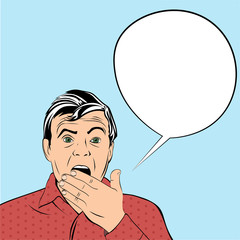 Shocked man opened his mouth in surprise with bubble for speech. Illustration in pop-art style