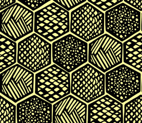 Hand drawing seamless vector pattern honeycomb on yellow background.