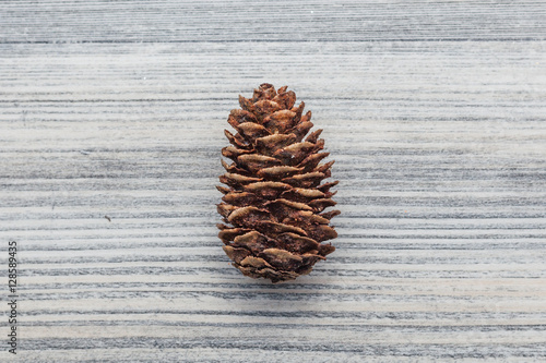 "Einzelner Tannenzapfen auf grauem Holz Hintergrund" Stockfotos und