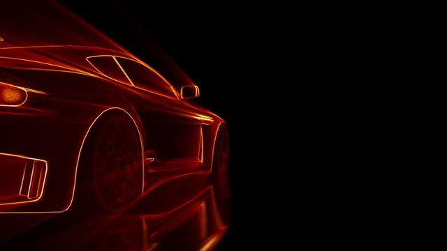 Close up cg wireframe supercar animation with shiny lights