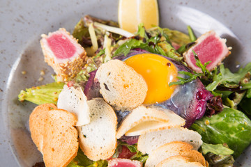 salad with tuna  and yolk