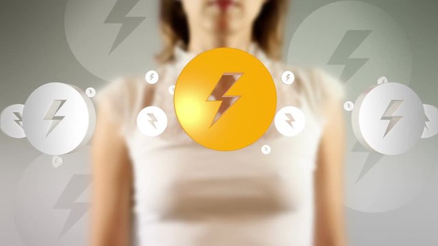Young female pressing the screen then thunderbolt symbol appearing