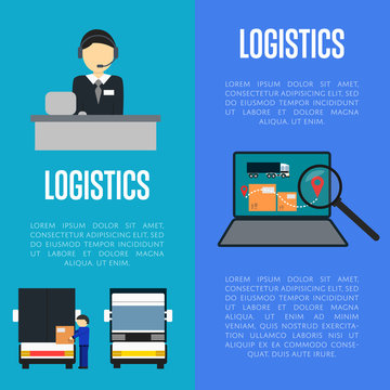 Logistics and freight transportation banners vector illustration. Services operator coordinating cargo transportation, laptop with delivery map. Postal service and distribution, local delivery company