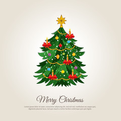 Christmas celebrating banner. Beautiful decorated Christmas tree vector illustration. Merry Christmas and Happy New Year concept for greeting cart, winter holidays party invitation