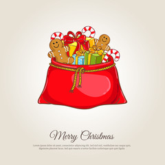 Christmas gifts banner. Large red Santa sack full of wrapped presents, gingerbread cookies, candy vector illustration. Merry Christmas and Happy New Year concept for greeting cart. Xmas shopping
