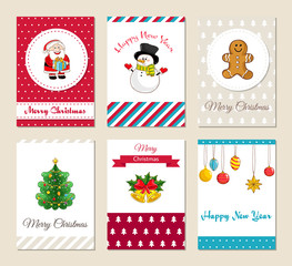 Christmas greeting cards and Xmas party invitations set. Colorful Merry Christmas and Happy New Year concepts with Santa, snowman, gingerbread cookies, Christmas tree, bells, toys vector illustrations