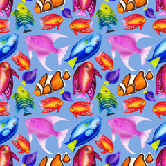Seamless pattern with colorful watercolor fishes. Hand-drawn watercolour elements. Sea life. 