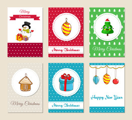 Christmas greeting cards and Xmas party invitations set. Colorful Merry Christmas and Happy New Year concepts with cute snowman with gifts, christmas tree toys, wrapped gift vector illustrations