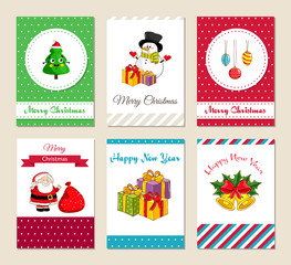 Christmas greeting cards and Xmas party invitations set. Merry Christmas and Happy New Year concepts with funny Christmas tree, snowman with gifts, Santa with sack, toys, bells vector illustrations