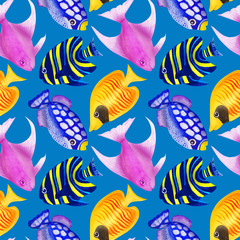 Naklejka premium Seamless pattern with colorful watercolor fishes. Hand-drawn watercolour elements. Sea life. 