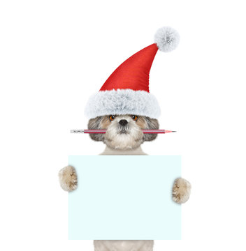 Cute Santa Dog Holding A Pencil And Blank