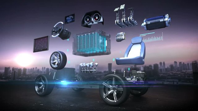 Disassembled car, Electronic, hydrogen, lithium ion battery echo car. Charging car battery. eco-friendly future car. engine, safety seat, Instrument panel, navigation, car audio video system, tires.