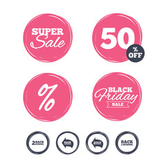 Super sale and black friday stickers. Back to school icons. Studies after the holidays signs symbols. Shopping labels. Vector