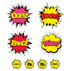 Comic Boom, Wow, Oops sound effects. Back to school icons. Studies after the holidays signs symbols. Speech bubbles in pop art. Vector