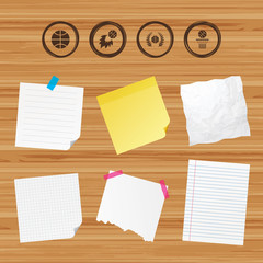 Business paper banners with notes. Basketball sport icons. Ball with basket and fireball signs. Laurel wreath symbol. Sticky colorful tape. Vector