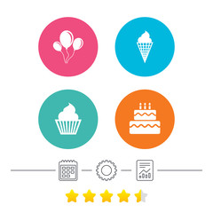 Birthday party icons. Cake with ice cream signs. Air balloons with rope symbol. Calendar, cogwheel and report linear icons. Star vote ranking. Vector