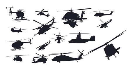 Fototapeta na wymiar Military Helicopter Vector Silhouette Set