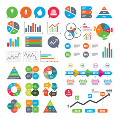 Business charts. Growth graph. Birthday party icons. Cake with ice cream signs. Air balloon with rope symbol. Market report presentation. Vector