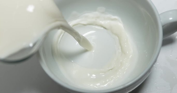Milk being poured into Cup against White Background, Slow Motion 4K