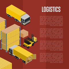 Logistics isometric vector illustration. Forklift truck with packing boxes in warehouse terminal interior, truck loading process. Freight delivery, cargo shipment, warehouse logistics and distribution