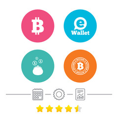Bitcoin icons. Electronic wallet sign. Cash money symbol. Calendar, cogwheel and report linear icons. Star vote ranking. Vector