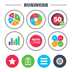 Business pie chart. Growth graph. Star favorite and menu list icons. Checklist and cogwheel gear sign symbols. Super sale and discount buttons. Vector