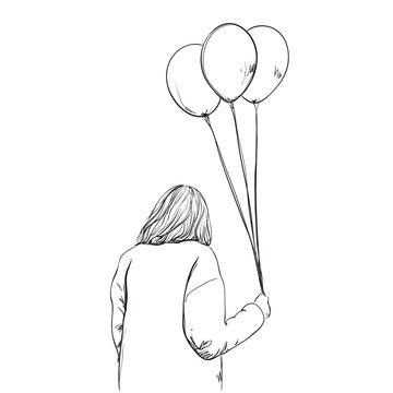 Sketching drawn illustration of a girl standing with balloon in hand, back view.
