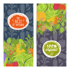 Best organic food vertical flyers set vector illustration. Natural cabbage, tomato, radish, mushroom, peppers, potatoes, carrots. Vegetarian organic raw food, healthy lifestyle, bio and eco nutrition