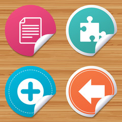 Fototapeta premium Round stickers or website banners. Plus add circle and puzzle piece icons. Document file and back arrow sign symbols. Circle badges with bended corner. Vector