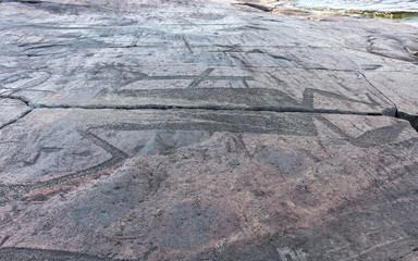 Ancient petroglyphs (rock engravings of 4th-2nd millennia BC) that depict demon figure, muskrat and...