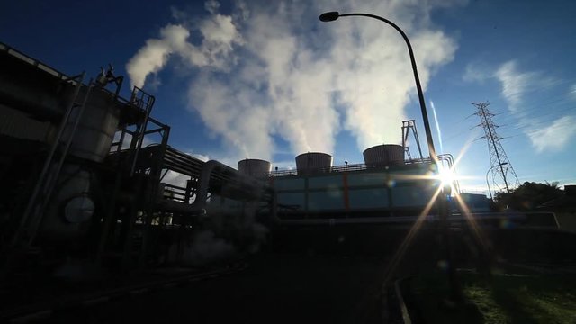 Heat electric power station at sunset with smoke
