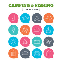 Camping and fishing icons. Tourist tent, fire and match symbols. Coffee cup and hamburger. Car and house. Fish, hook and float bobber thin outline signs. Flat speech bubbles with linear icons. Vector