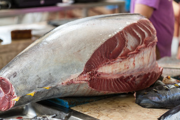 Fresh tuna at fish market Mercado dos Lavradores. Funchal, Madeira