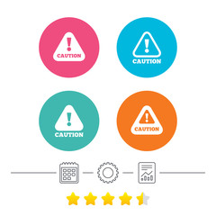 Attention caution icons. Hazard warning symbols. Exclamation sign. Calendar, cogwheel and report linear icons. Star vote ranking. Vector