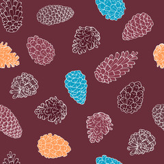 Hand-Drawn seamless pattern with pine cones of coniferous evergreen tree