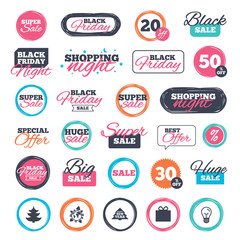 Sale shopping stickers and banners. Happy new year icon. Christmas trees and gift box signs. World globe symbol. Website badges. Black friday. Vector