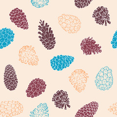 Hand-Drawn seamless pattern with pine cones of coniferous evergreen tree - 128595655